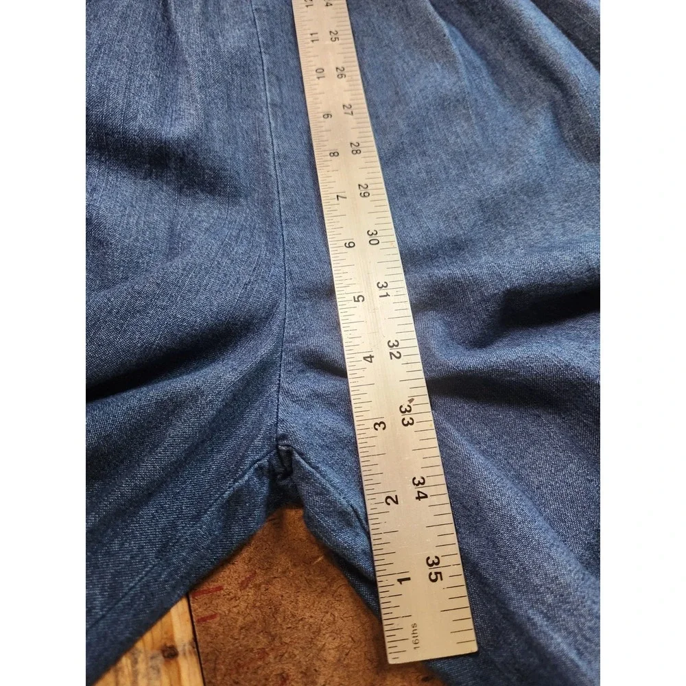 Free People Denim Jumpsuit Size 10 Blue Wide Leg Tie Strap Smocked Boho Festival - Picture 14 of 15